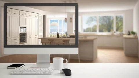 Architect house project concept, desktop computer on white work desk showing  Stock Illustration