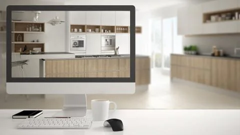 Architect house project concept, desktop computer on white work desk showing  Stock Illustration