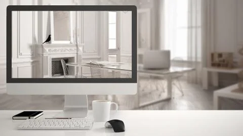 Architect house project concept, desktop computer on white work desk showing  Stock Illustration