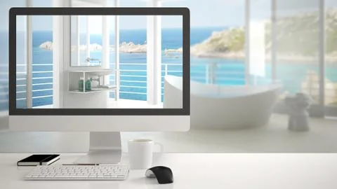 Architect house project concept, desktop computer on white work desk showing  Stock Illustration