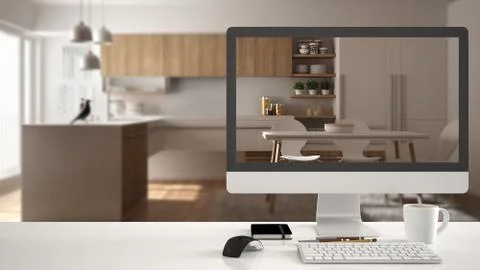 Architect house project concept, desktop computer on white work desk showing  Stock Illustration