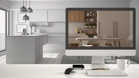 Architect house project concept, desktop computer on white work desk showing  Stock Illustration