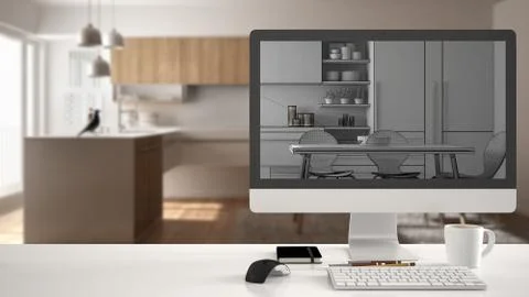 Architect house project concept, desktop computer on white work desk showing  스톡 일러스트