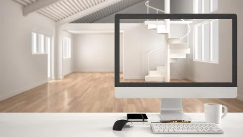 Architect house project concept, desktop computer on white work desk showing  Stock Illustration