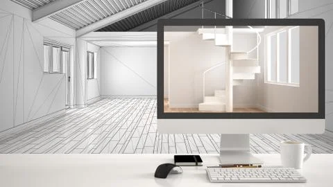 Architect house project concept, desktop computer on white work desk showing  Stock Illustration