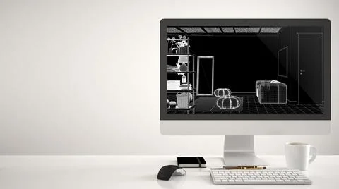 Architect house project concept, desktop computer on white background, work d Illustrazione stock