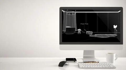 Architect house project concept, desktop computer on white background, work d Illustrazione stock