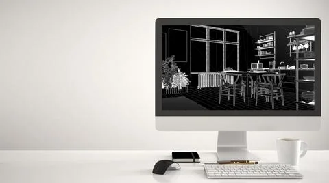 Architect house project concept, desktop computer on white background, work d Illustrazione stock