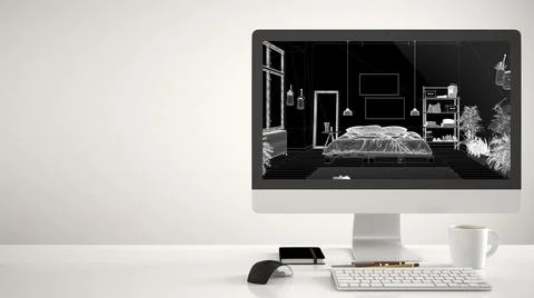 Architect house project concept, desktop computer on white background, work d Stock Illustration