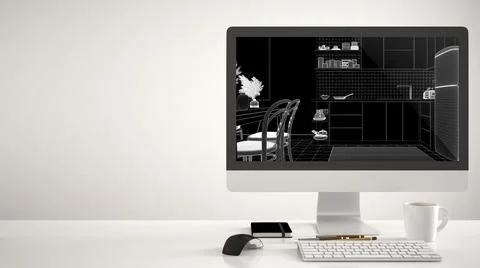 Architect house project concept, desktop computer on white background, work d Stock Illustration