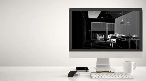 Architect house project concept, desktop computer on white background, work d Illustrazione stock