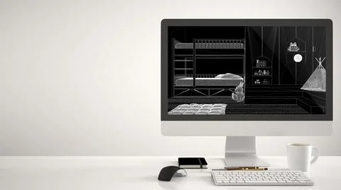 Architect house project concept, desktop computer on white background, work d 스톡 일러스트
