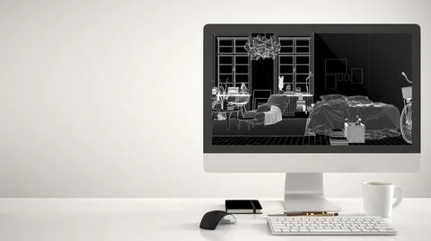 Architect house project concept, desktop computer on white background, work d Illustrazione stock
