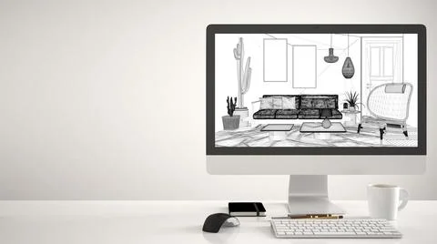 Architect house project concept, desktop computer on white background, work d Illustrazione stock