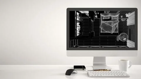Architect house project concept, desktop computer on white background, work d Illustrazione stock