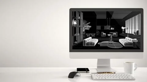 Architect house project concept, desktop computer on white background, work d Stock Illustration