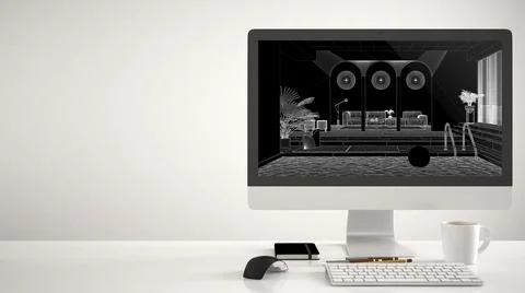 Architect house project concept, desktop computer on white background, work d Illustrazione stock