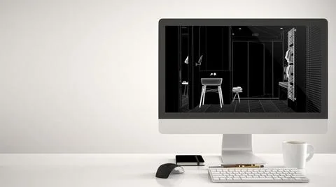 Architect house project concept, desktop computer on white background, work d Illustrazione stock