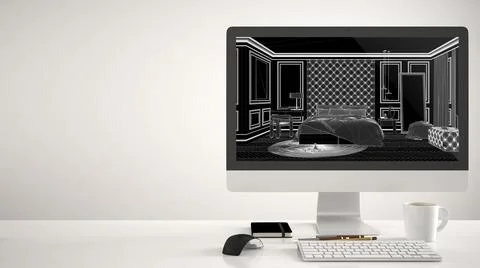 Architect house project concept, desktop computer on white background, work d Illustrazione stock