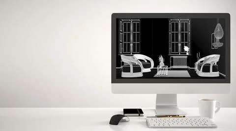Architect house project concept, desktop computer on white background, work d Illustrazione stock