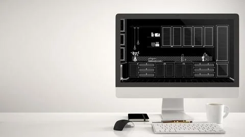 Architect house project concept, desktop computer on white background, work d Stock Illustration