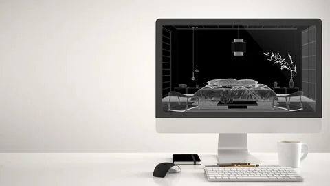 Architect house project concept, desktop computer on white background, work d Stock Illustration