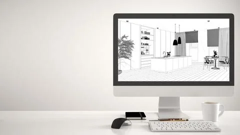 Architect house project concept, desktop computer on white background, work.. 스톡 일러스트