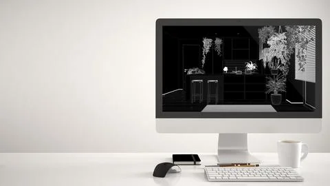 Architect house project concept, desktop computer on white background, work.. 스톡 일러스트