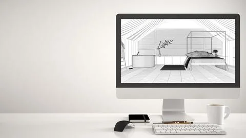 Architect house project concept, desktop computer on white background, work.. Illustrazione stock