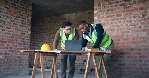 Architect, ideas and men with laptop on construction site, teamwork or plan for Stock Footage 337042386