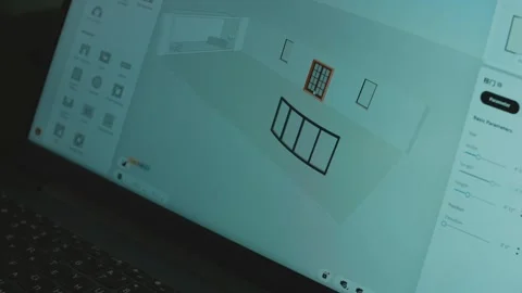 Architect inserting a door in room project. Making a 3D design using app on Stock Footage 256145547
