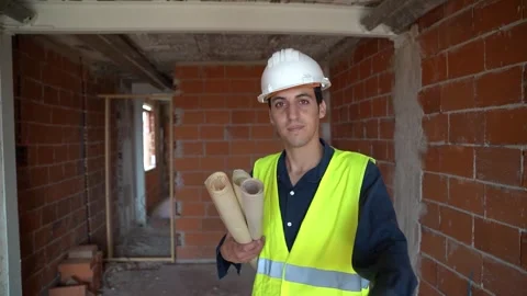 Architect inside the construction of a house with plans in hand. Young arab.. Video stock 242036441