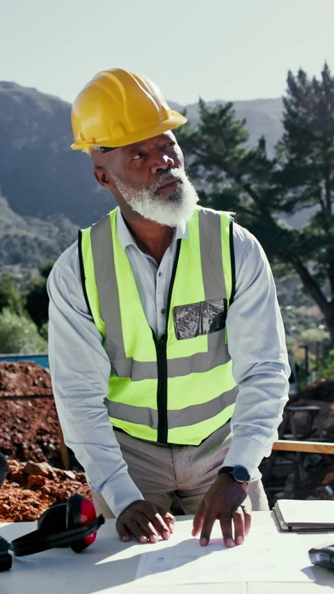 Architect, inspection and black man at construction site with blueprint, PPE or Stock Footage 340450754