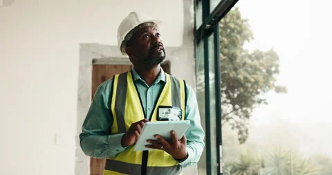 Architect, inspection and man with tablet in house, info or planning for Stock Footage 337762800
