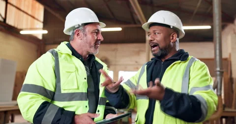 Architect, inspection and men with tablet in building, talking and renovation Stock Footage 338106397