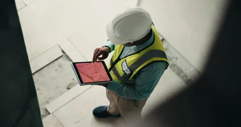 Architect, inspection or man with tablet screen for building safety above on Stock Footage 337758098