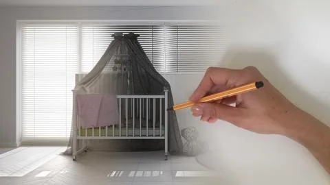 Architect interior designer concept: hand drawing a design interior project w Stock Illustration