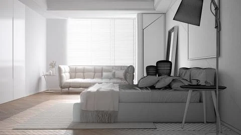 Architect interior designer concept: hand-drawn draft unfinished project that Stock Illustration