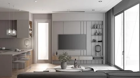 Architect interior designer concept: hand-drawn draft unfinished project that Stock Illustration