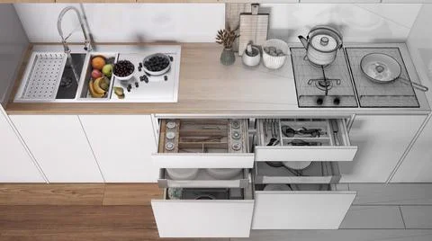 Architect interior designer concept: hand-drawn draft unfinished project that Stock Illustration