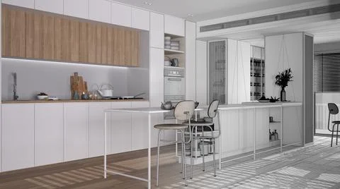 Architect interior designer concept: hand-drawn draft unfinished project that Stock Illustration