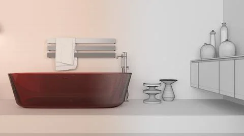 Architect interior designer concept: hand-drawn draft unfinished project that Stock Illustration