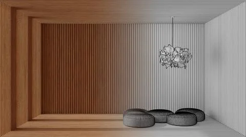 Architect interior designer concept: hand-drawn draft unfinished project that Stock Illustration