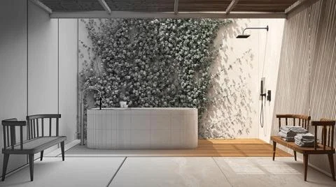 Architect interior designer concept: hand-drawn draft unfinished project that Stock Illustration