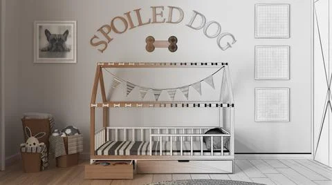 Architect interior designer concept: hand-drawn draft unfinished project that Stock Illustration