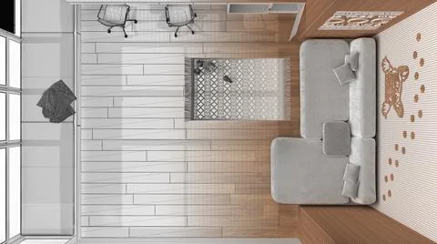 Architect interior designer concept: hand-drawn draft unfinished project that Stock Illustration