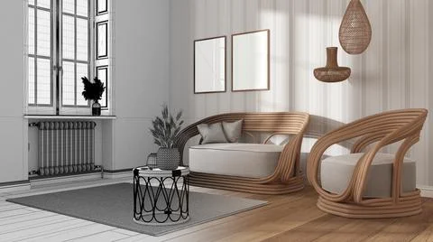 Architect interior designer concept: hand-drawn draft unfinished project that Stock Illustration