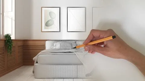 Architect interior designer concept: hand drawing a design interior project w Stockillustratie