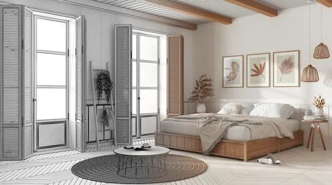 Architect interior designer concept: hand-drawn draft unfinished project that Stock Illustration