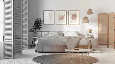 Architect interior designer concept: hand-drawn draft unfinished project that Stock Illustration